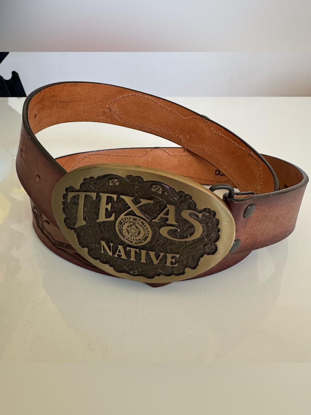 Vintage Leegin Leather Belt Mens 38 Feather Inlay Texas Native Buckle High Mesa
